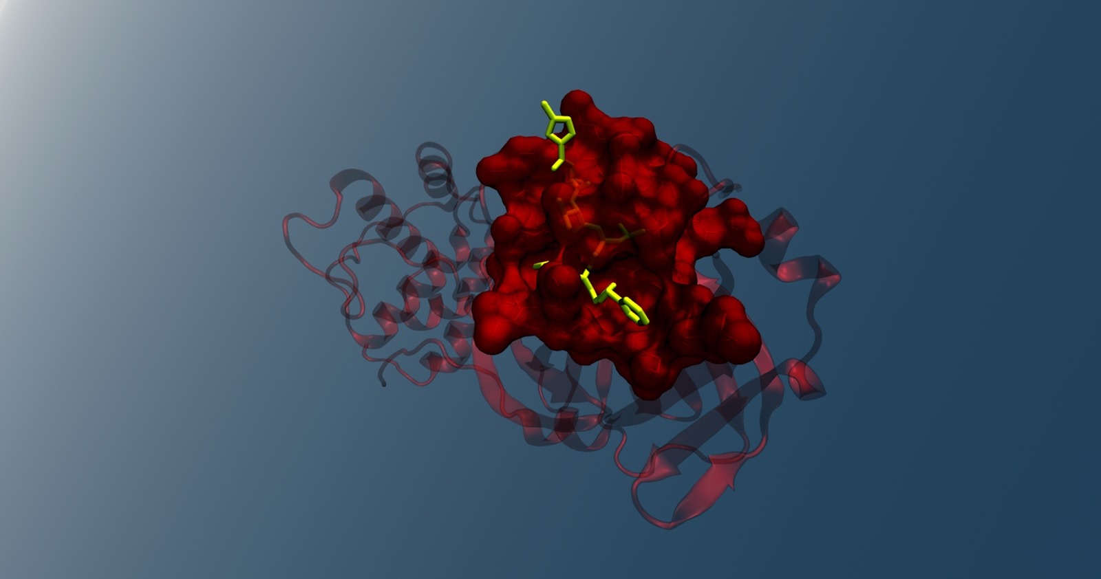 3D representation of a protein structure highlighted in red, with yellow molecular components, illustrating its complex formation and interactions.